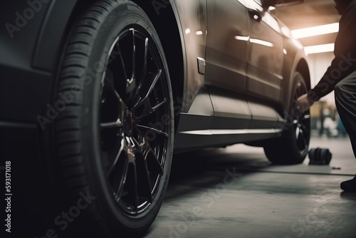 a man standing next to a black car in a garage.  generative ai © Nadia