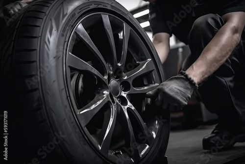  a man is working on a tire in a garage with a wrench. generative ai