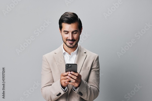 man business call smile smartphone hold mobile suit portrait phone happy