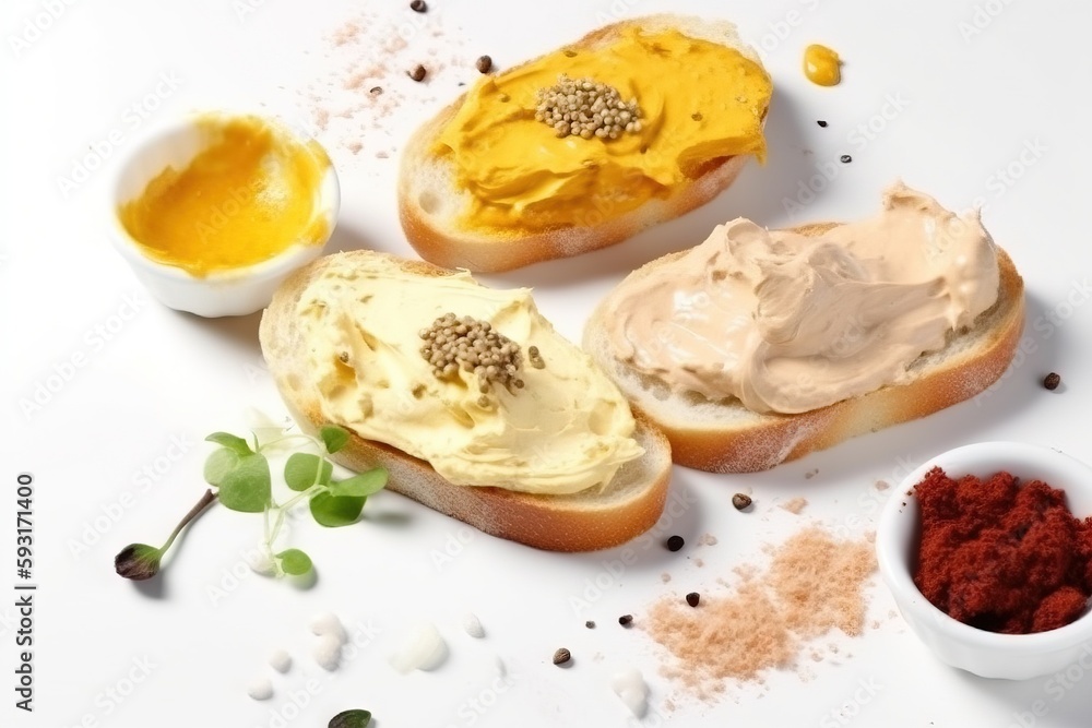 a white plate topped with bread covered in different types of food. generative ai a white plate topped with bread covered in different types of food. generative ai