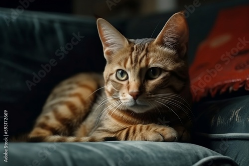 A red striped cat lies on a gray sofa. Generative AI © D