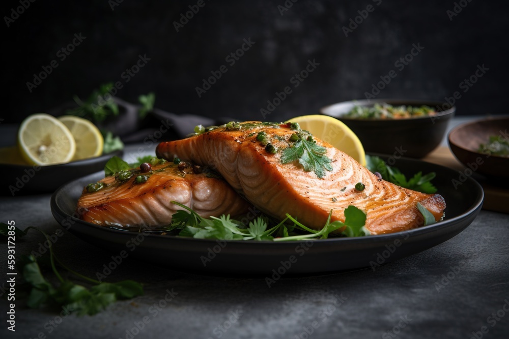 a plate of salmon with parsley on top of it. generative ai a plate of salmon with parsley on top of it. generative ai
