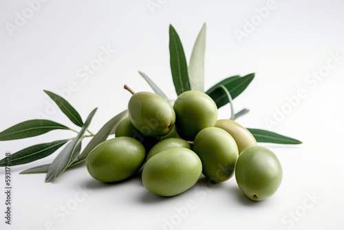  a pile of green olives with leaves on a white background.  generative ai