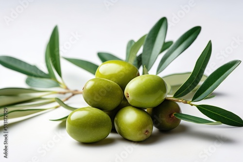  a bunch of green olives with leaves on a white background.  generative ai