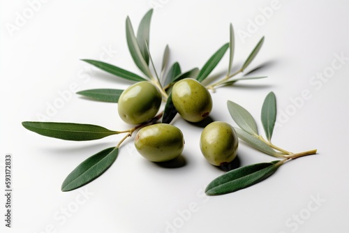  some green olives with leaves on a white surface with a white background.  generative ai