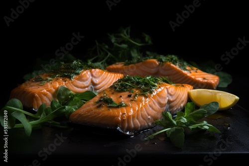  a close up of some fish on a plate with a lemon.  generative ai © Nadia