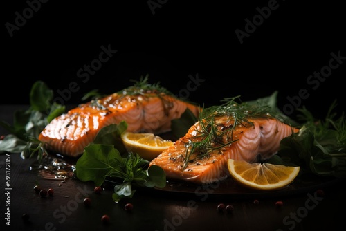  a plate of salmon with lemon slices and herbs on it. generative ai