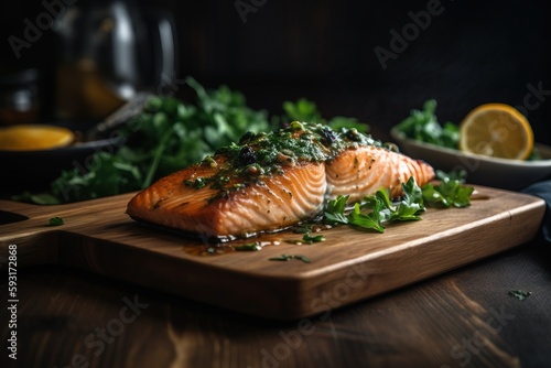  a wooden cutting board topped with salmon covered in sauce and greens. generative ai