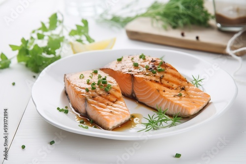  two salmon fillets on a white plate with a garnish. generative ai