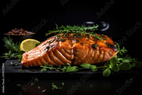  a piece of salmon with herbs and lemon on a black plate. generative ai