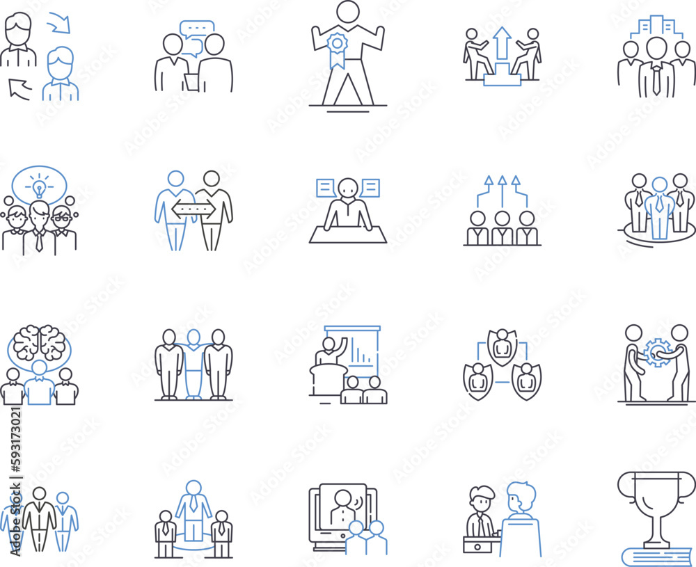 Business employees outline icons collection. Workers, Staff, Associates, Personnel, Executives, Colleagues, Teammates vector and illustration concept set. Professionals, Managers, Employees linear