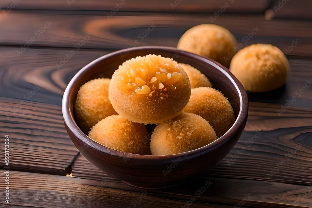 Palm sugar in bowl isolated on dark wooden background