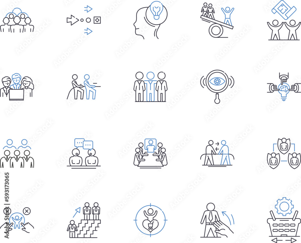 Company team outline icons collection. Company, Team, Corporate, Group, Staff, Members, Employees vector and illustration concept set. Colleagues, Executives, Managers linear signs