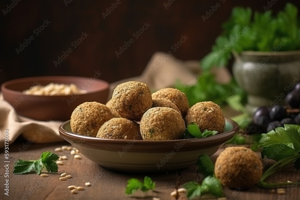 a bowl of food sitting on a table next to a bowl of olives. generative ai a bowl of food sitting on a table next to a bowl of olives. generative ai