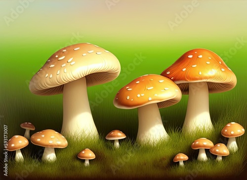 Cartoon mushrooms. Created by a stable diffusion neural network. © homeworlds