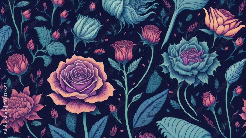 Seamless pattern with roses and leaves Illustration 13 generative ai