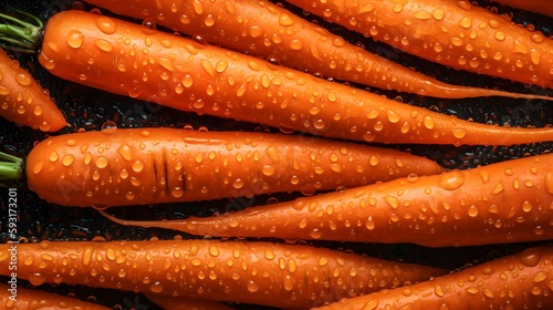 Fresh Carrot seamless background, adorned with glistening droplets of water. Top down view. Food Advertising photography. Commercial photography. Ai generative