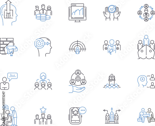 Business organization outline icons collection. Organization, Business, Management, Planning, Strategy, Team, Cooperation vector and illustration concept set. Cooperation, Structure, Goal linear signs