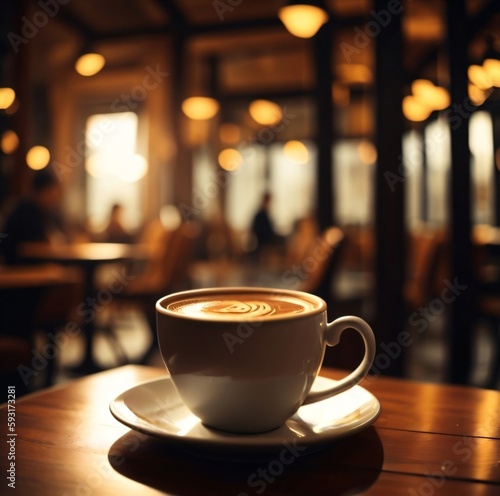 a cup of coffee in a warm cafe, blurry light, warm and happy feeling, Generative AI
