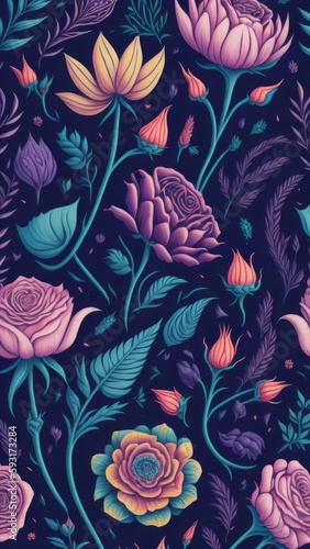 Seamless pattern with flowers and leaves illustration in retro style 9 generative ai