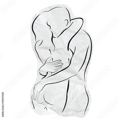 loving couple hugging  black and white line art