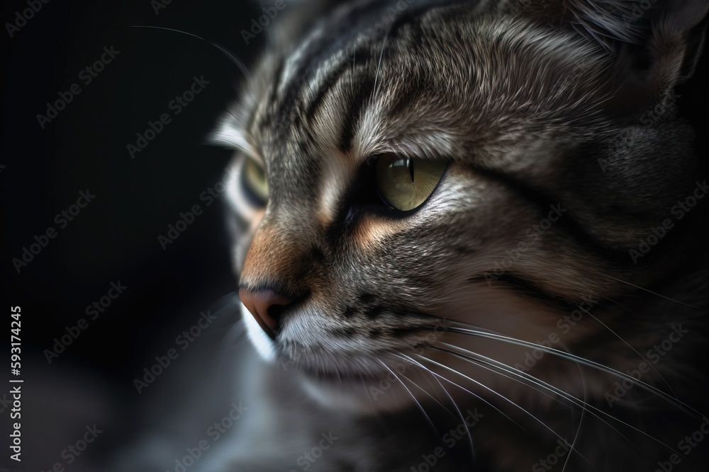 Fototapeta premium a close up of a cat's face with a dark background. generative ai