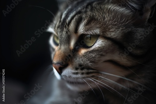  a close up of a cat's face with a dark background. generative ai