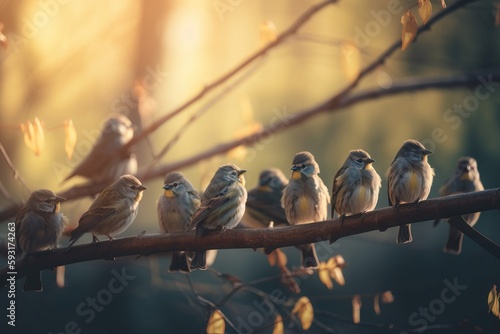  a group of small birds sitting on a branch in a tree. generative ai