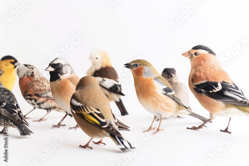  a group of birds standing next to each other on a white surface. generative ai