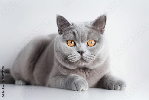 a gray cat with yellow eyes laying down on a white surface. generative ai