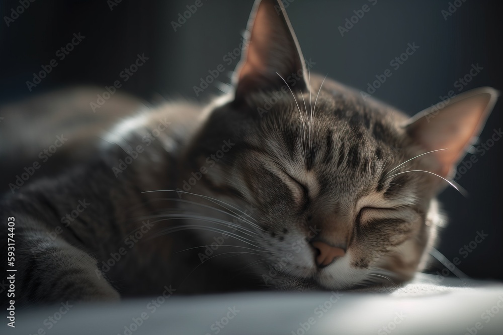  a close up of a cat laying on a bed with its eyes closed.  generative ai