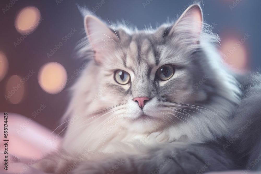  a fluffy gray cat laying on top of a pink blanket.  generative ai