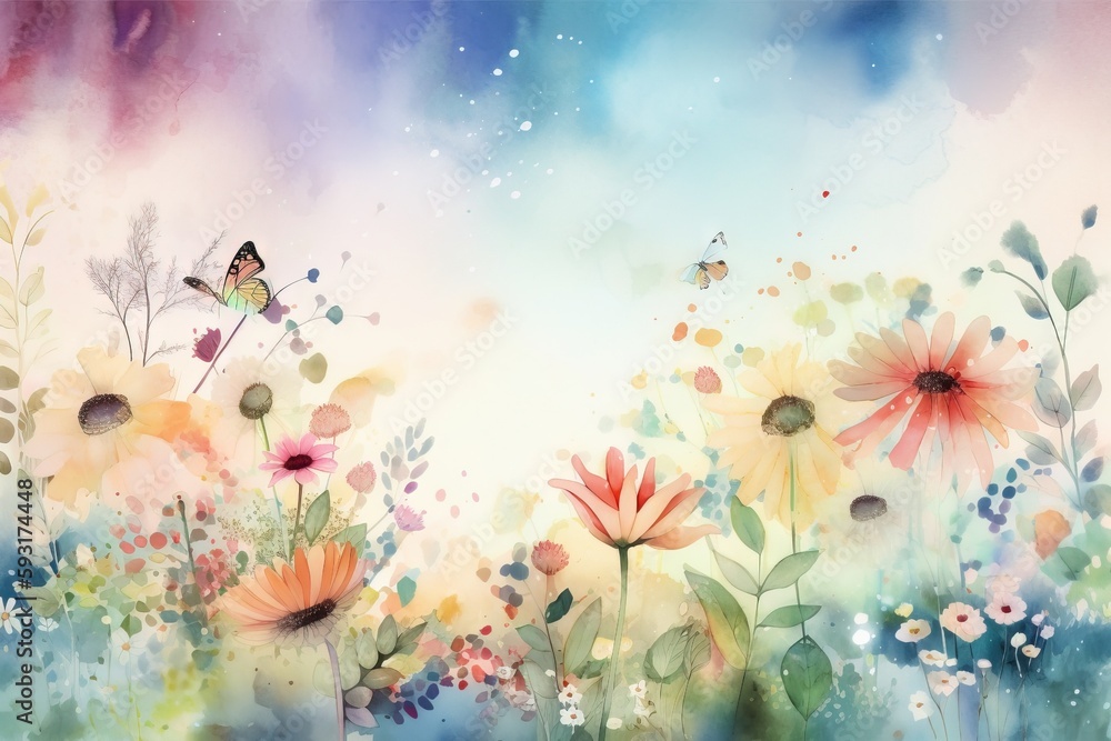 a painting of flowers and a butterfly flying over them in the sky.  generative ai