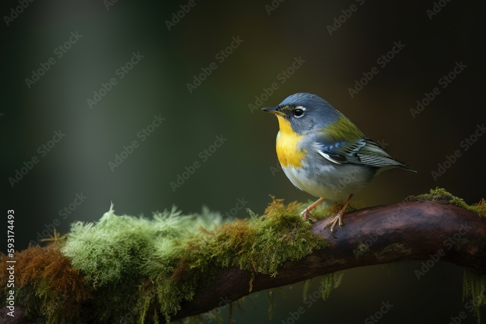 a small bird perched on a branch with moss growing on it. generative ai a small bird perched on a branch with moss growing on it. generative ai
