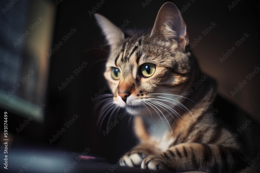 a cat sitting on top of a computer desk next to a monitor. generative ai a cat sitting on top of a computer desk next to a monitor. generative ai