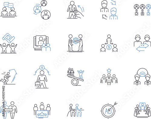 Team management outline icons collection. Teamwork, Cooperation, Organization, Leadership, Planning, Processes, Communication vector and illustration concept set. Delegation, Coordination