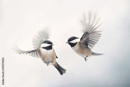  a couple of birds flying through a cloudy sky next to each other.  generative ai © Jevjenijs