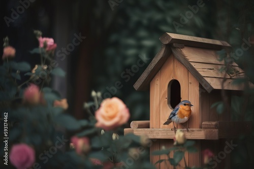 Valokuvatapetti a bird house with a bird sitting on it's side.  generative ai
