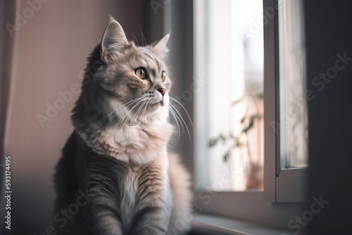  a cat sitting on a window sill looking out the window. generative ai