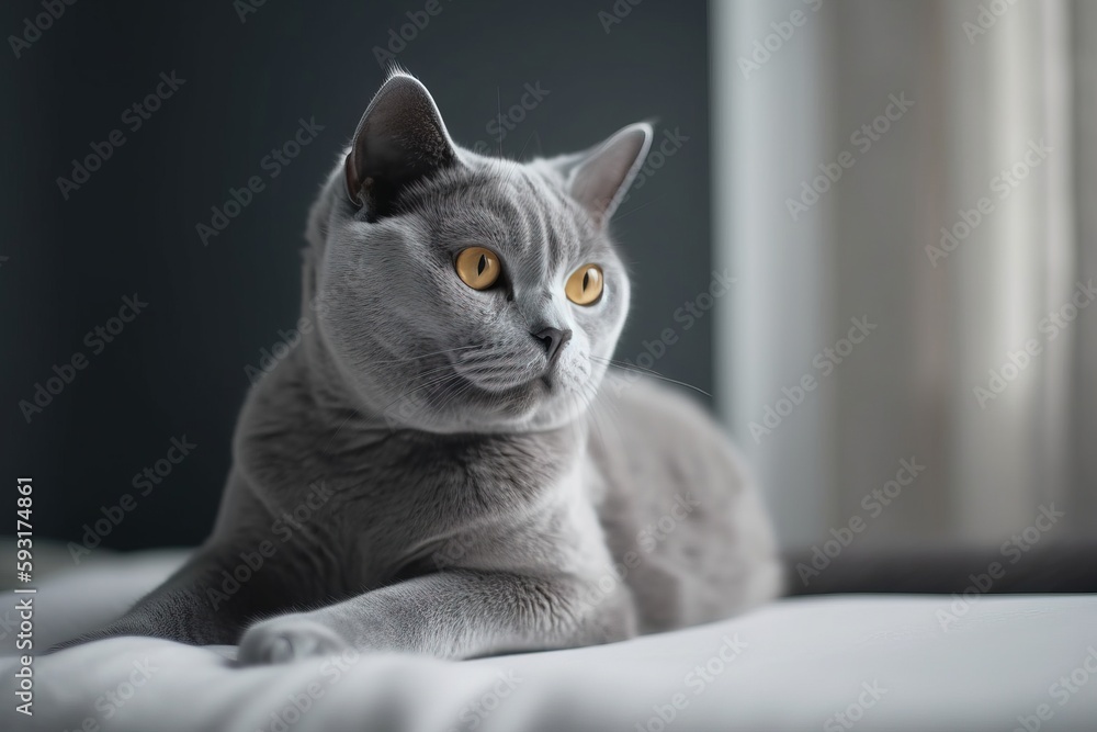  a gray cat laying on top of a bed next to a window.  generative ai