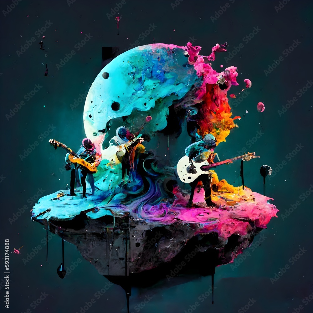 surreal Banksy style street art of a rock and roll band with a ...