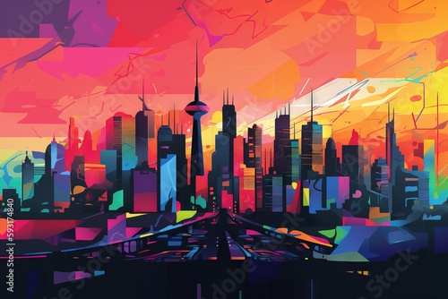  a painting of a city skyline with a colorful sunset in the background. generative ai
