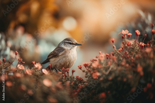  a small bird sitting on top of a bush with red flowers.  generative ai © Jevjenijs