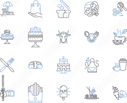 Cafe and bakery outline icons collection. Cafe, Bakery, Coffee, Tea, Cake, Dessert, Pastry vector and illustration concept set. Muffin, Croissant, Cookies linear signs