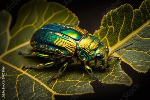 On a green leaf, a metallic green and yellow bug was perched. Natural background and lighting. Macroscopic photography. Generative AI