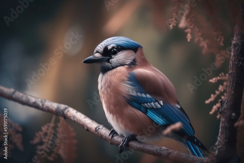  a blue and brown bird sitting on a branch of a tree. generative ai