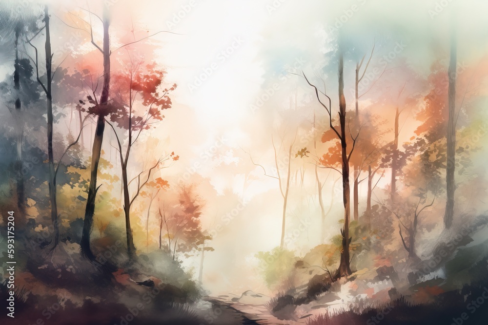  a painting of a path through a forest in the fall.  generative ai