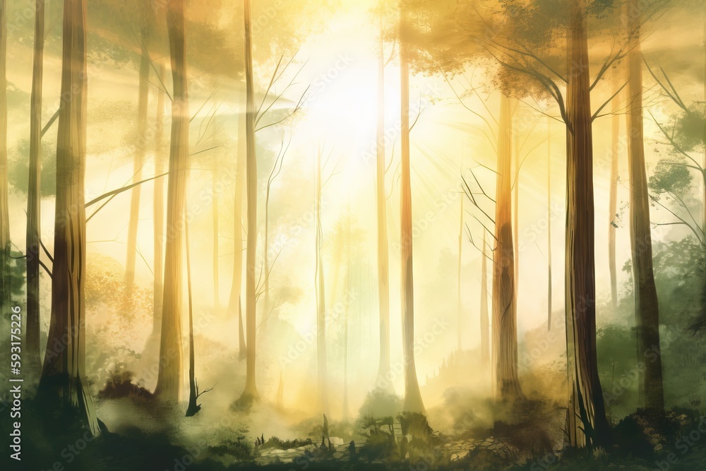 a painting of a forest filled with trees and fog at sunset.  generative ai