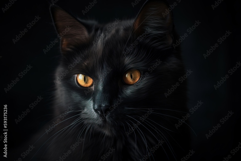  a close up of a black cat's face with yellow eyes.  generative ai