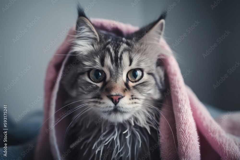  a cat with a pink blanket around it's head.  generative ai